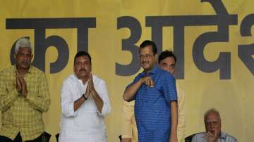 Delhi Chief Minister and AAP convener Arvind Kejriwal with Rajya Sabha MPs Sanjay Singh and other leaders.