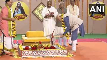 PM Modi performs 'Bhoomi Poojan' at Ravidas Memorial Sthal in Madhya Pradesh's Sagar district.