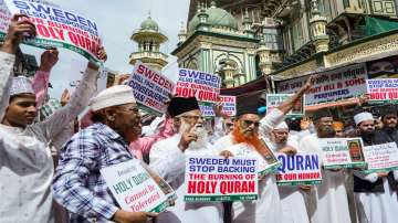 Members of Raza academy staged protest to denounce burning of Quran in Sweden, in Mumbai