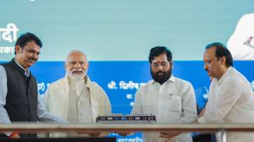 PM Modi with Maharashtra CM Eknath Shinde, Deputy CMs Devendra Fadnavis and Ajit Pawar