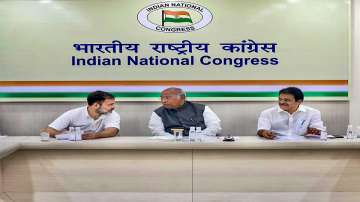 Congress leaders Mallikarjun Kharge, Rahul Gandhi and KC Venugopal