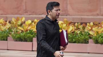 AAP MP Raghav Chadha arrives at Parliament House complex during the Monsoon session, in New Delhi.