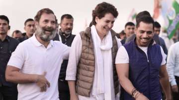 Businessman Robert Vadra with wife and Congress party’s general secretary Priyanka Gandhi Vadra, Rahul Gandhi during the Bharat Jodo Yatra