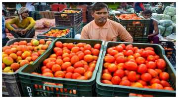 Tomato vendors wait for customers, at a vegetable market 