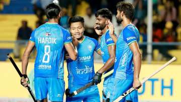 India players celebrate after scoring a goal in the Asian Champions Trophy 2023