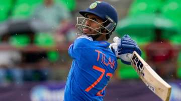 Tilak Varma during the third T20I against WI