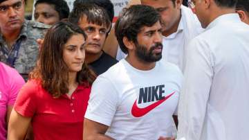 Bajrang Punia, Vinesh Phogat during wrestlers protests