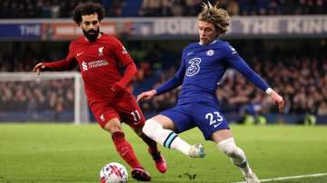 Liverpool's Mohamed Salah and Chelsea's Conor Gallagher during EPL game in April 2023