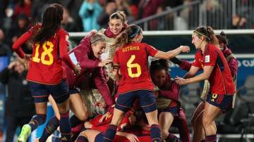 Spanish players were all over Olga Cormona after her 89th-minute winner against Sweden in the semi-final