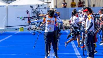 Indian compound women's team in action during Archery World Cup 2023 in Paris