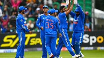 India team celebrating first wicket during first T20I against Ireland on August 18, 2023