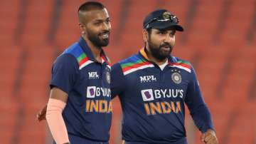 Hardik Pandya and Rohit Sharma during the T20 series against England in March 2021