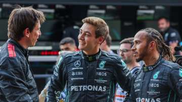 Lewis Hamilton with his teammate George Russell during Belgian Grand Prix in May 2022