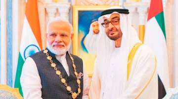 Prime Minister Narendra Modi meets the UAE President and Ruler of Abu Dhabi Sheikh Mohamed bin Zayed Al Nahyan at the iconic Qasr Al Watan Presidential Palace in Abu Dhabi, UAE. 
