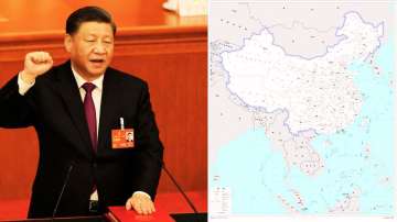 Chinese President Xi Jinping and the latest standard map released by Beijing.