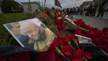 A portrait of Wagner chief Yevgeny Prigozhin at a memorial in St. Petersburg, Russia