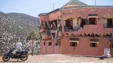 Damaged hotel after earthquake in Moulay Brahim village