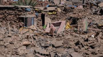 Homes damaged by earthquake in village of Tafeghaghte, near Marrakech, Morocco