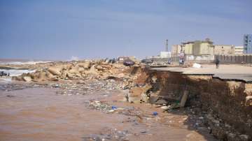 Seaside road is collapsed after heavy flooding in Derna