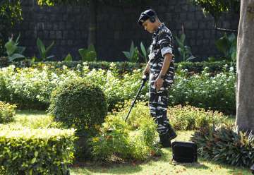 New Delhi: A security official during security check at ITC Maurya for the upcoming G20 Summit