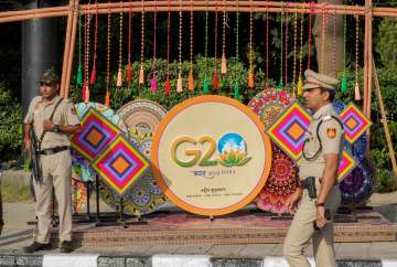Police personnel outside Rajghat ahead of the G20 Summit