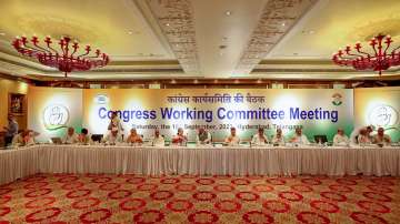Congress President Mallikarjun Kharge, former party president Sonia Gandhi, party leaders Rahul Gandhi, KC Venugopal and other leaders during Congress Working Committee Meeting, in Hyderabad
