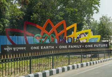 An installation put up near Rajghat in preparation for the upcoming G20 Summit