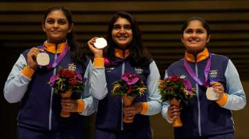 India's women's team in 10m Air Pistol Team Women's Final event on Sep 29, 2023