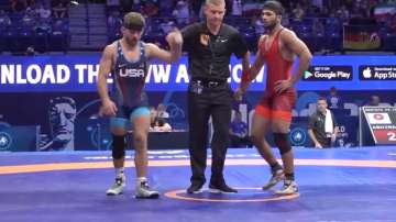 Abhimanyu in a quarterfinal match of the World Wrestling Championships on Sep 16, 2023