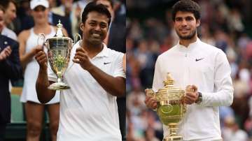 Leander Paes (2015) and Carlos Alcaraz (2023) with Wimbledon trophies 