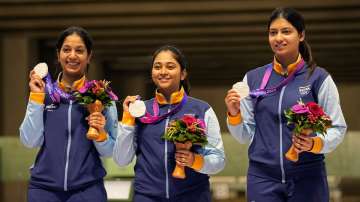 India 10m air rifle shoot team in Asian Games on Sep 24, 2023