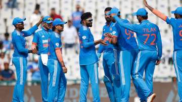 Indian team celebrating against Australia in 2nd ODI on Sep 24, 2023