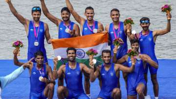 Indian team after winning Silver in Men’s Coxed Eight event on Sep 24, 2023