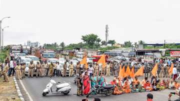 Sakal Maratha Samaj members stage a Rasta Roko protest on Pune-Solapur Highway against Jalna administration over alleged lathicharge on protestors demanding Maratha reservation, in Solapur