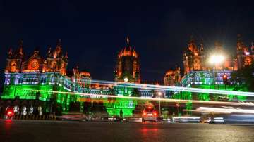 Chhatrapati Shivaji Maharaj Terminus illuminated with tri-colour lights in Mumbai