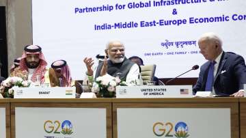 Prime Minister Narendra Modi, Saudi Arabian Crown Prince Mohammed bin Salman Al Saud, left, and US President Joe Biden attend Partnership for Global Infrastructure and Investment event on the day of the G20 summit in New Delhi
