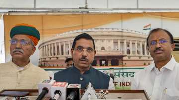 Parliamentary Affairs Minister Pralhad Joshi, Union Law and Justice Minister Arjun Ram Meghwal and Minister of State for External Affairs V. Muraleedharan address the media (Representational image)