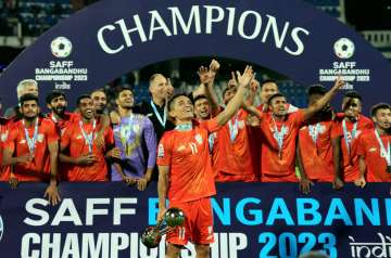 India men's football team celebrating the SAFF Championship triumph on July 4, 2023