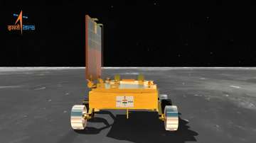 Illustration of Chandrayaan-3s Pragyan rover roaming on lunar surface