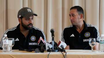 Indian captain Rohit Sharma and chief selector Ajit Agarkar during World Cup squad announcement press conference