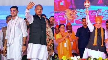 Rajasthan chief minister Ashok Gehlot with party leader Sachin Pilot (Left) and Home Minister Amit Shah with former CM Vasundhara Raje (2nd right) 