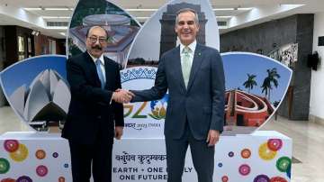 G20 Chief Coordinator Harsh Vardhan Shringla with Ambassador of USA H.E. Eric Garcetti 