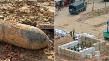 100 kg World War II aerial bomb and the site where it was settled for detonation.