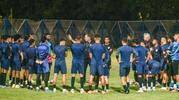 Indian football team in a training session at VYBK Stadium, in Kolkata in June 2022