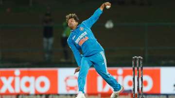 Kuldeep Yadav in his follow-through