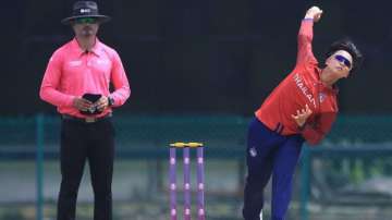 Nattaya Boochatham bowling against Kuwait in T20I match on September 4, 2023