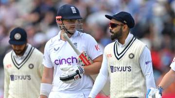 Alex Lees with Virat Kohli during the rescheduled fifth Test between India and England at Edgbaston last year