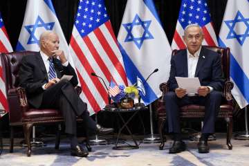 US President Joe Biden and Israeli PM Benjamin Netanyahu in Tel Aviv.