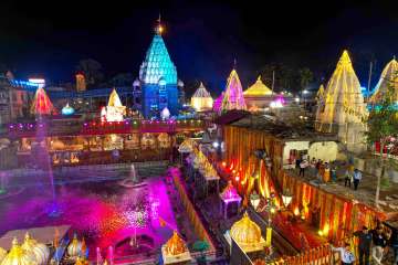 Temples decorated with lighting during the inauguration of the second phase of Mahakal Mahalok