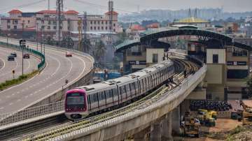 A train runs on the Bengaluru Metros Purple Line, which is fully operational now, in Bengaluru.
